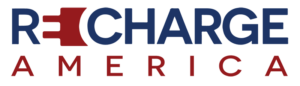 Recharge America Logo, color deep red and blue, horizontal version