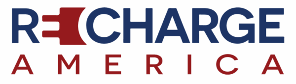 Recharge America Logo, color deep red and blue, horizontal version