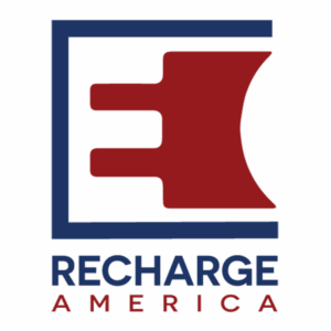 Logo Recharge America, vertical stamp version