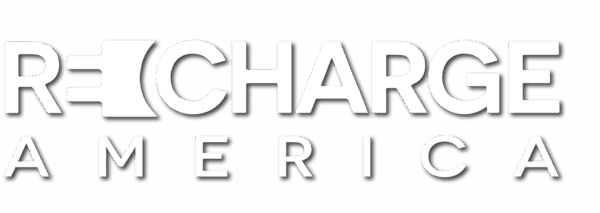 Recharge America Logo, white with drop shadow, horizontal version