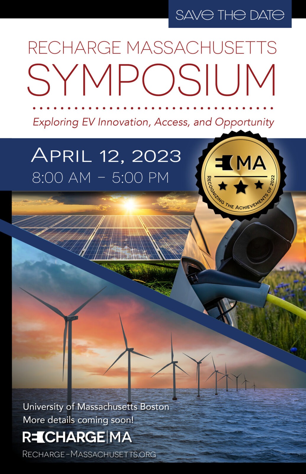 Flyer for the Recharge America Symposium 2023 in Massachusetts entitled Recharge Massachusetts Symposium, Exploring EV Innovation, Access and Opportunity.